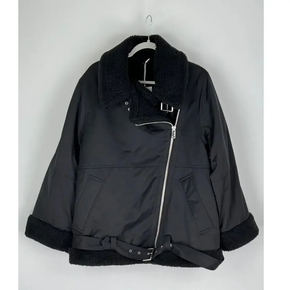 & Other Stories Stockholm Aviator Jacket Womens Large Black New Faux Shearling - Picture 5 of 16